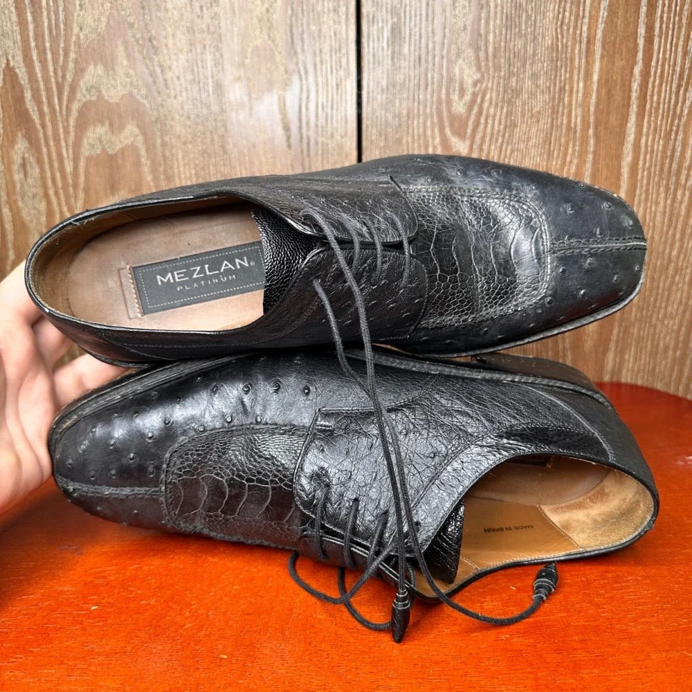 Mezlan Platinum Genuine Ostrich & Alligator Black Derby Shoes Mens 11.5 M 20155